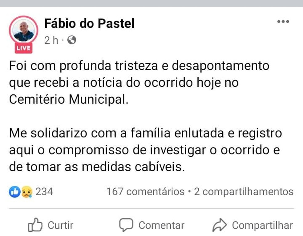 Prefeito de São Pedro da Aldeia, RJ, publicou mensagem sobre ocorrido em cemitério da cidade — Foto: Reprodução/Facebook