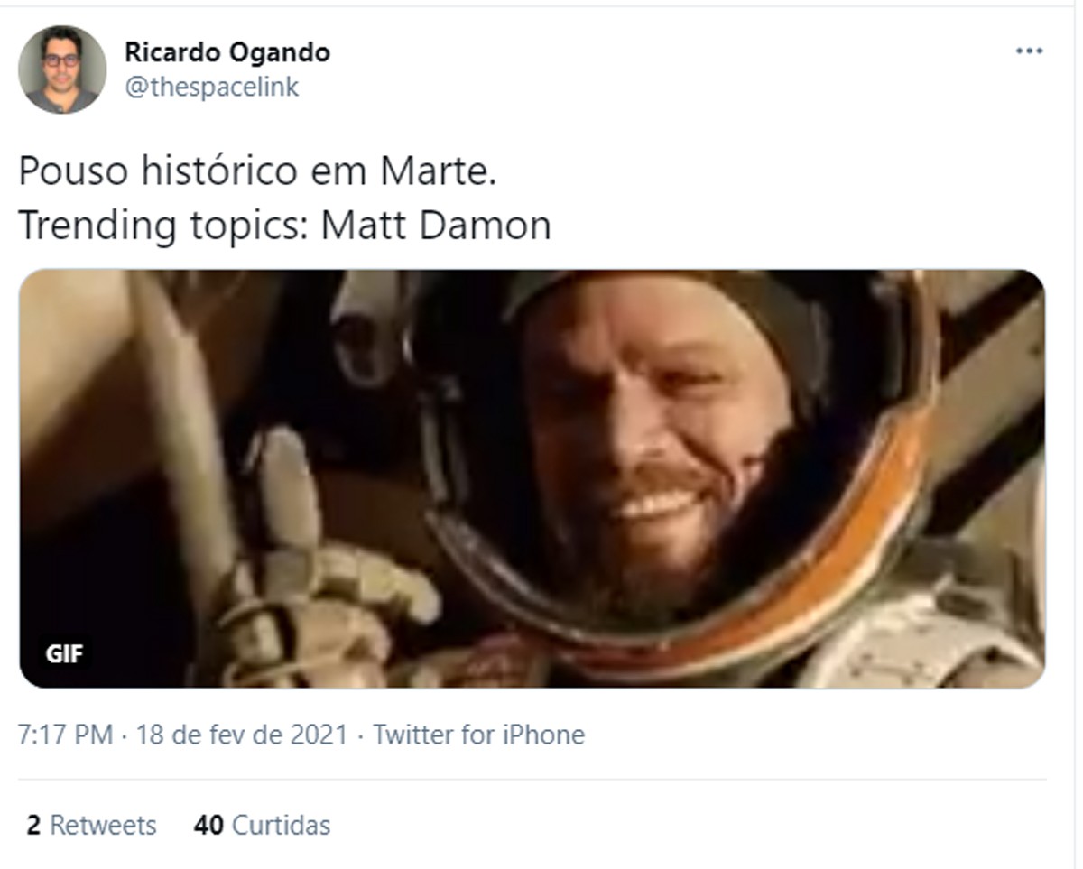 Matt Damon vira meme por causa de filme após robô pousar em Marte (Foto: Reprodução/Twitter)