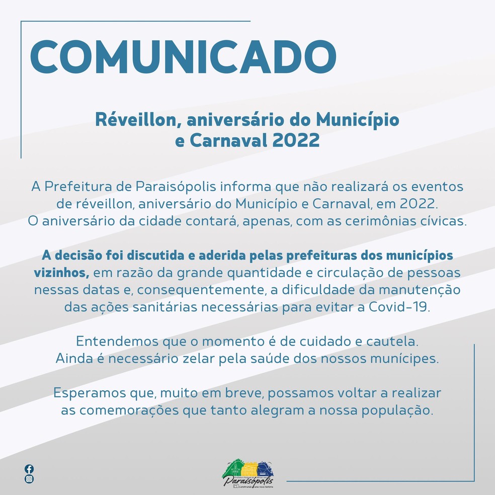 Prefeitura de Paraisópolis comunica cancelamento de festas de réveillon e carnaval — Foto: Reprodução 
