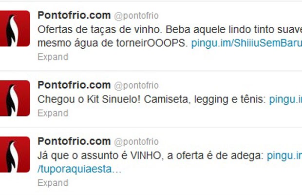 Conta no Twitter da varejista Ponto Frio aproveitou o caso para tuitar ofertas de produtos relacionados à conversa. (Foto: Reprodução/Facebook.com)
