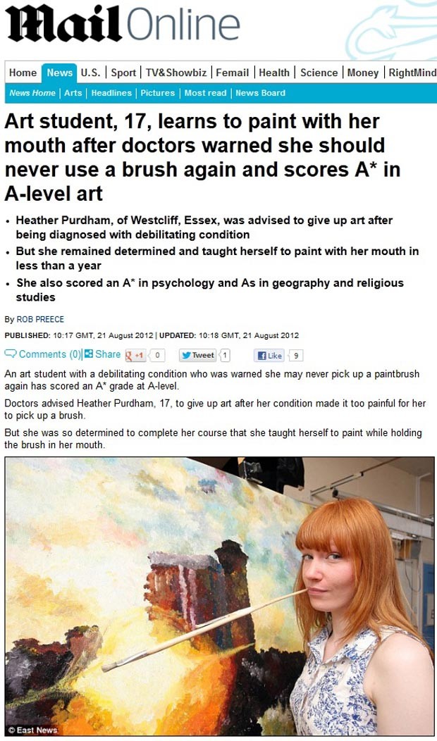 Heather Purdham aprendeu a pintar com a boca (Foto: Reprodução/Daily Mail)