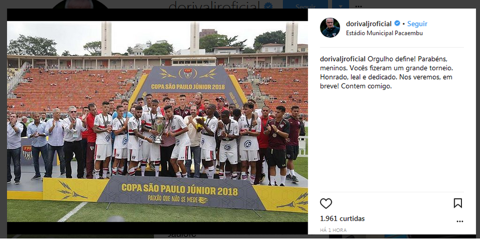 Dorival Júnior, no Instagram, elogia garotos do São Paulo na Copinha e avisa: 
