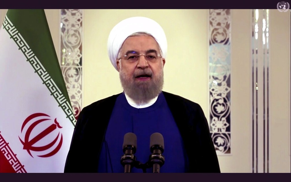 Hassan Rohani, presidente do Irã, discursa em vídeo pré-gravado para a Assembleia Geral da ONU nesta terça-feira (22) — Foto: UNTV via AP