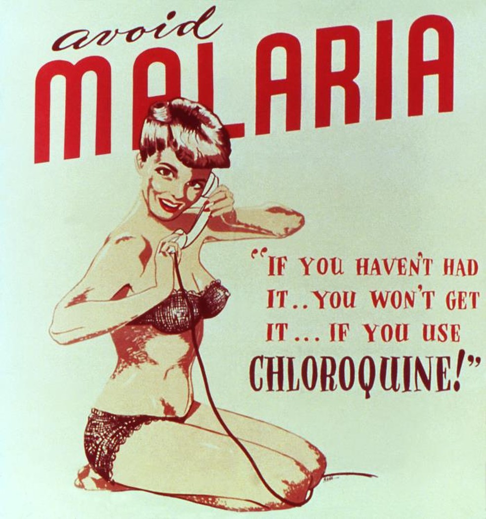 Ilustração histórica criada pelo governo dos Estados Unidos promove o tratamento da malária usando a cloroquina como método preventivo — Foto: CDC