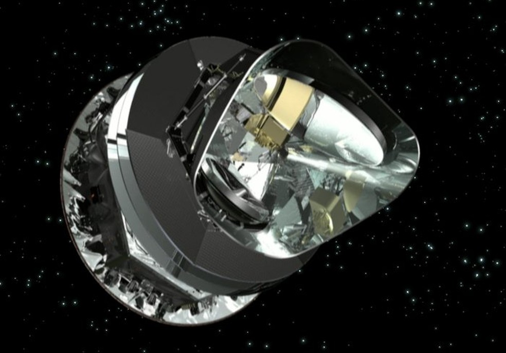 Ilustração mostra o satélite Planck em órbita no espaço — Foto: Divulgação/ESA/AOES Medialab