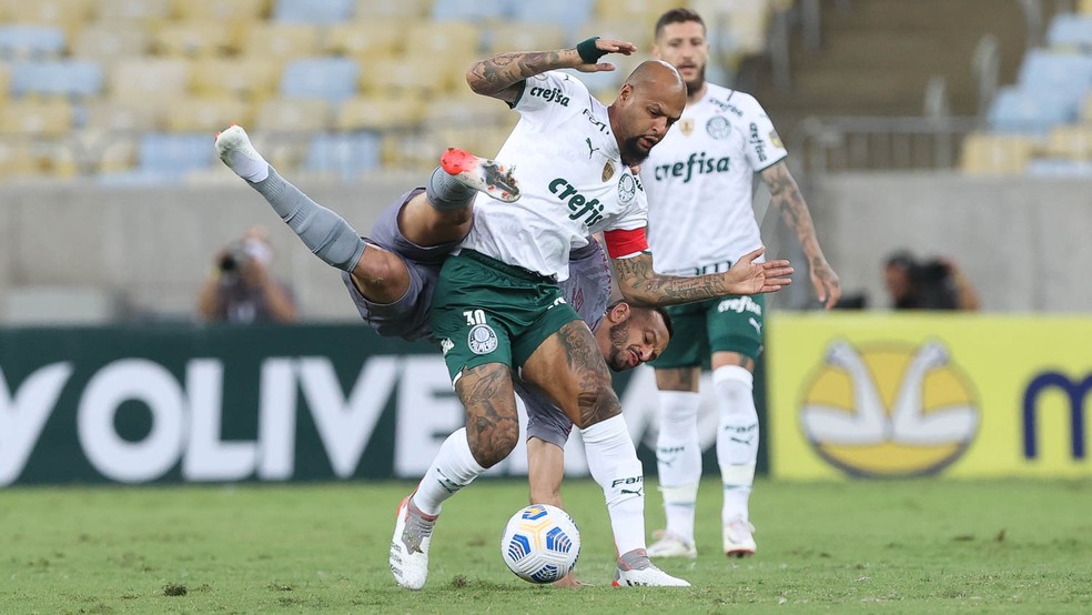 Felipe Melo em disputa em Fluminense x Palmeiras — Foto: Cesar GrecoPalmeiras