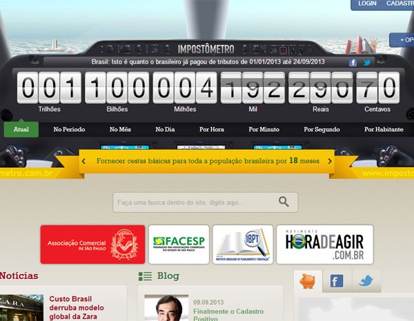 Impostômetro alcança a marca de R$ 1,1 trilhão em impostos pagos pelos brasileiros este ano. (Foto: Reprodução/site www.impostometro.com.br)