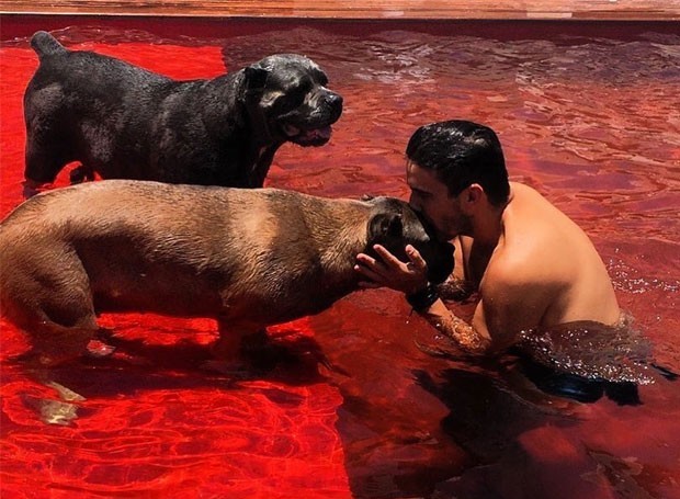 Nesta semana, o apresentador André Marques chamou atenção com um clique de sua piscina vermelha (Foto: Reprodução/Instagram)