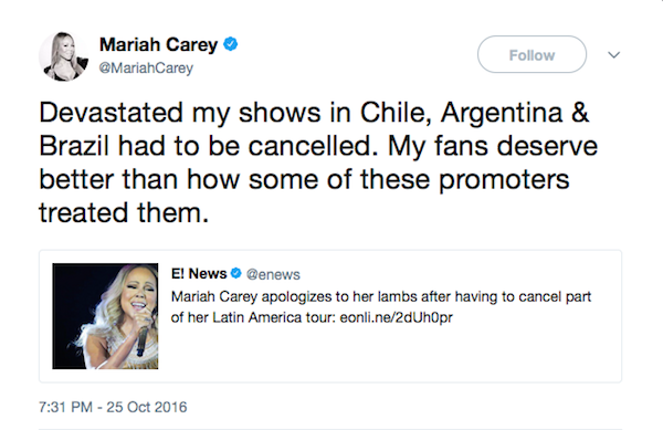 O tuíte no qual a cantora Mariah Carey anunciou o cancelamento de seus shows no Brasil, na Argentina e no Chile em 2016 (Foto: Twitter)