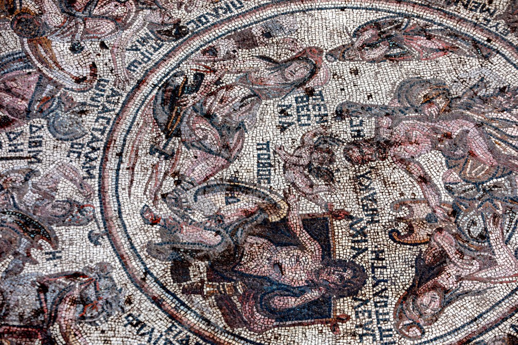 Foto mostra detalhe de enorme mosaico da era romana que foi descoberto em Rastan, na Síria — Foto: Louai Beshara/AFP