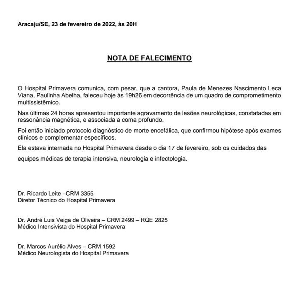 Nota do hospital sobre a morte de Paulinha Abelha  Foto: Reproduo