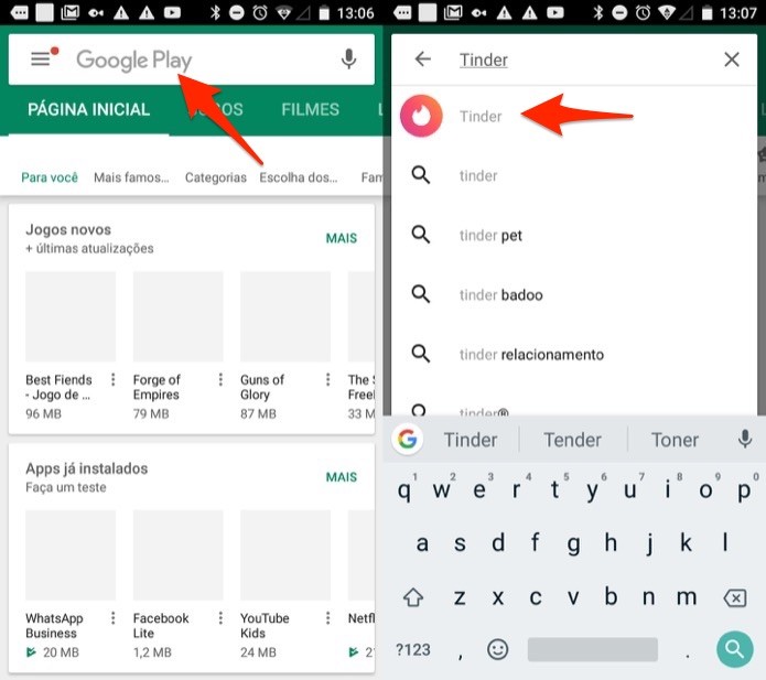 Ação para encontrar o Tinder no Android usando a loja de aplicativos (Foto: Reprodução/Marvin Costa) Ação para encontrar o Tinder no Android usando a loja de aplicativos (Foto: Reprodução/Marvin Costa)