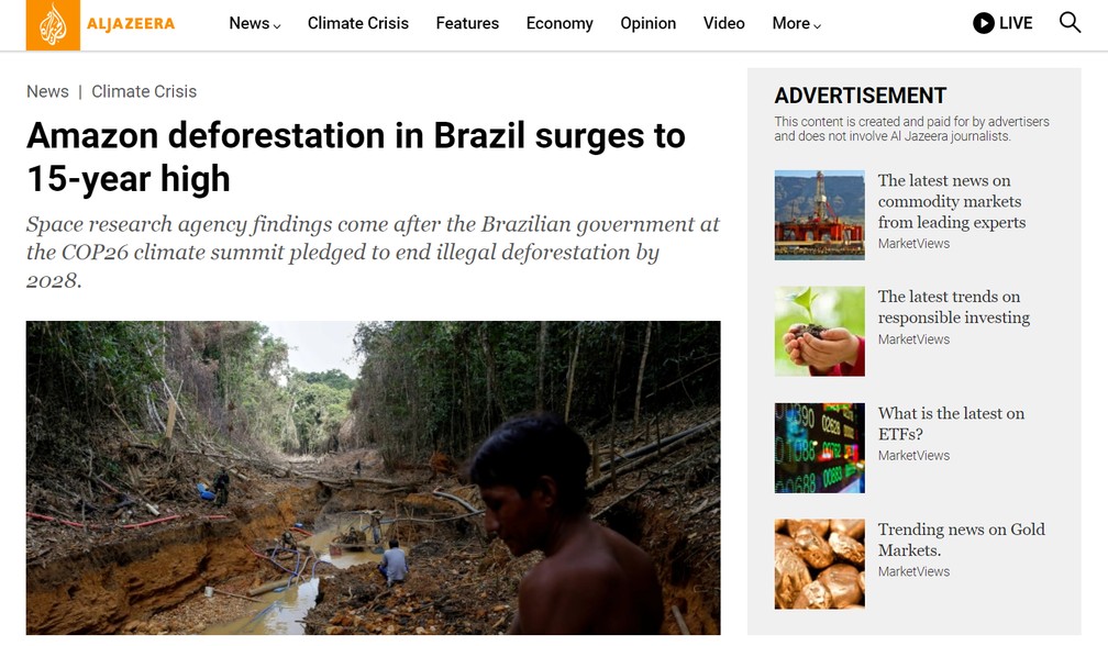 Imprensa internacional repercute maior desmatamento na Amazônia em 15 anos — Foto: Reprodução/aljazeera.com