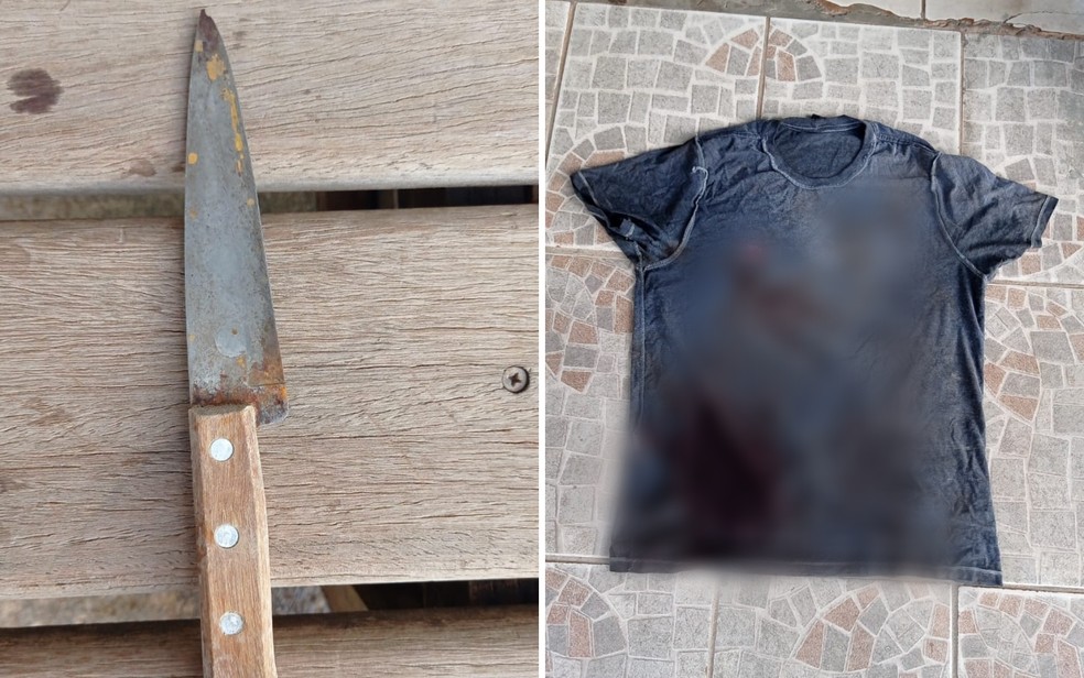 Faca utilizada e camiseta suja de sangue, em Uruaçu, Goiás — Foto: Reprodução