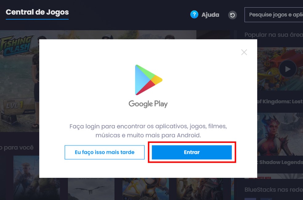 É necessário fazer login com conta Google para acessar a Play Store no BlueStacks — Foto: Reprodução/Rodrigo Fernandes