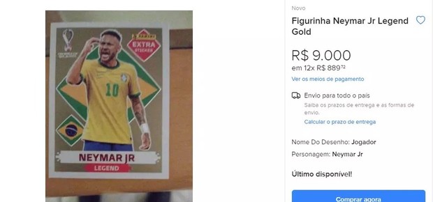 Figurinha de Neymar chega a R$ 9 mil no Mercado Livre (Foto: Reprodução)