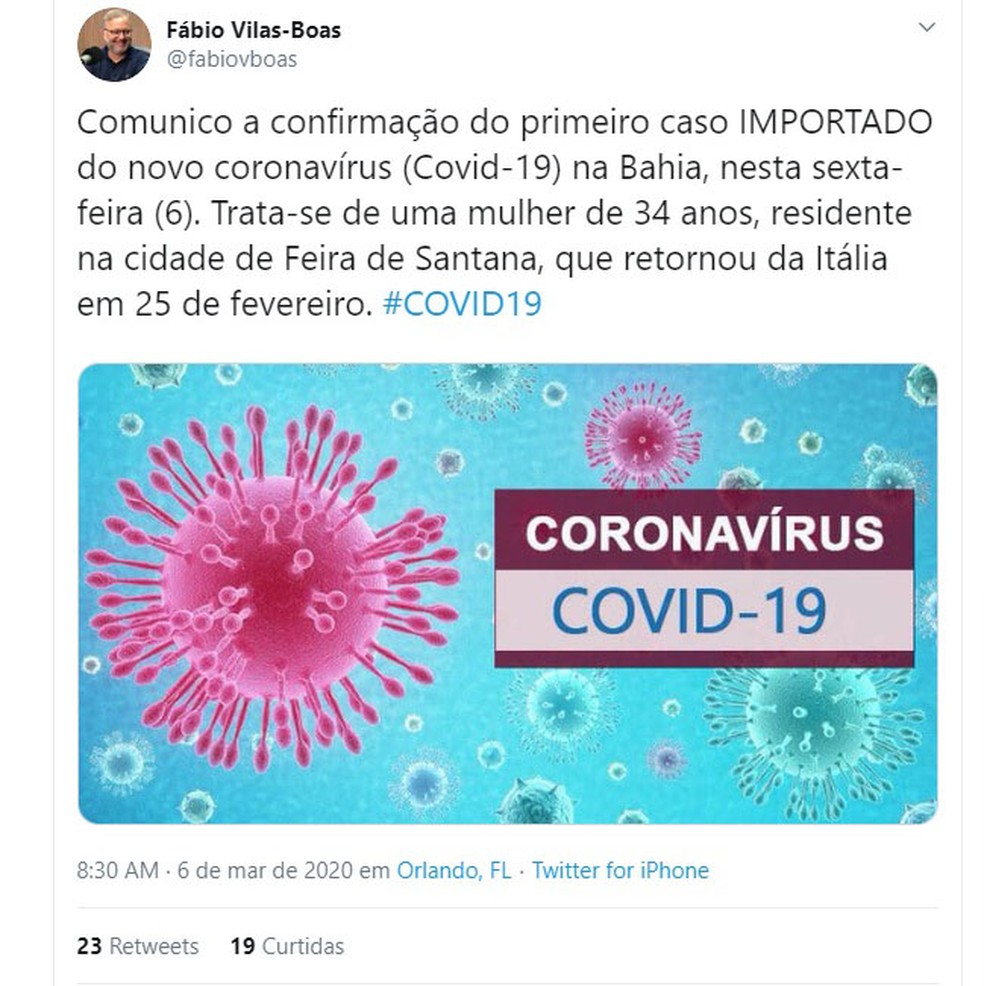 O Secretário da Saúde da Bahia, Fábio Vilas-Boas, confirmou o novo Coronavírus na Bahia através do Twitter.  — Foto: Reprodução / Redes Sociais 