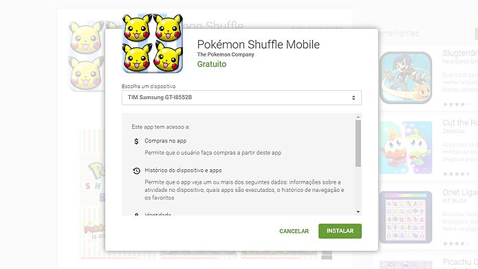 Na página do Pokémon Suffle, selecione o aparelho Android e clique em Instalar (Foto: Reprodução/Tais Carvalho)