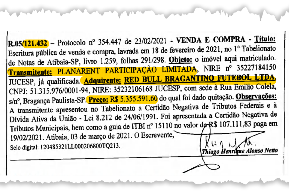 Família Chedid vende terreno de matrícula 121.432, em Atibaia, para a Red Bull — Foto: Reprodução