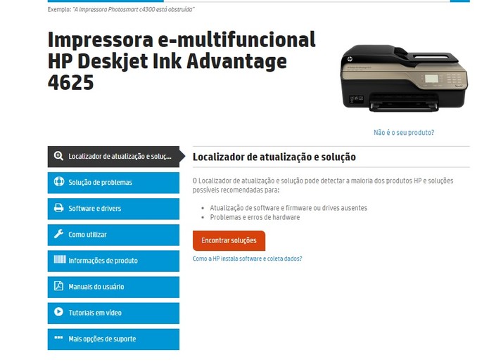 Página de assistência técnica de um modelo de impressora da HP (Foto: Reprodução/HP)