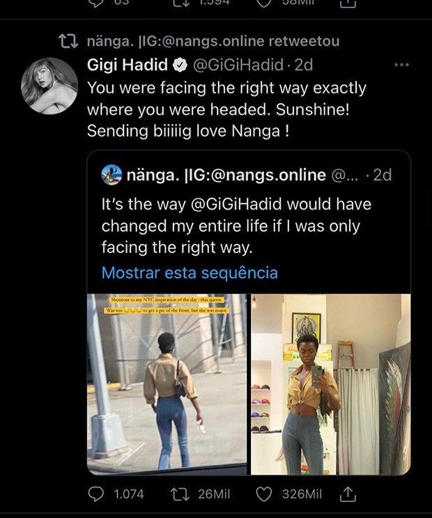A modelo Nanga Awasum conta que Gigi Hadid mudou sua vida depois que postou uma foto sua que viralizou (Foto: Reprodução/ Twitter)