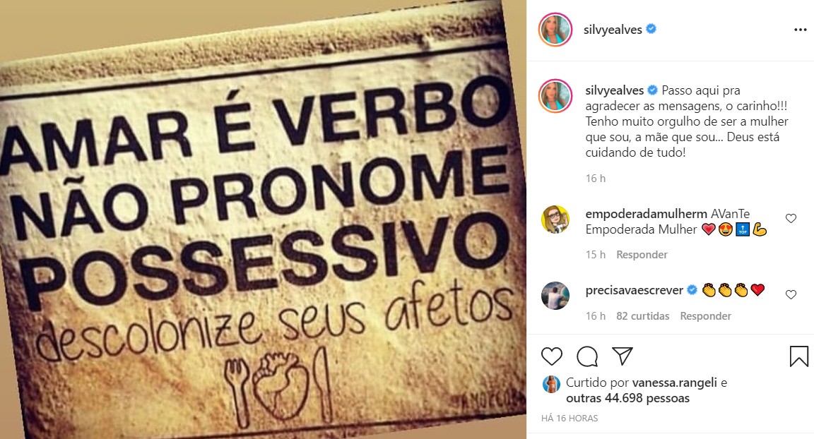 Silvye Alves agradece carinho dos seguidores e do público após agressão (Foto: Reprodução/Instagram)
