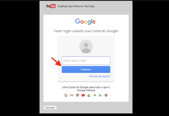 Informando o e-mail de acesso de uma conta do Google para ativar o compartilhamento do Quicktime com o YouTube no Mac OS (Foto: Reprodução/Marvin Costa)