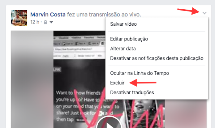 Opção para excluir um vídeo ao vivo na linha do tempo do Facebook (Foto: Reprodução/Marvin Costa)