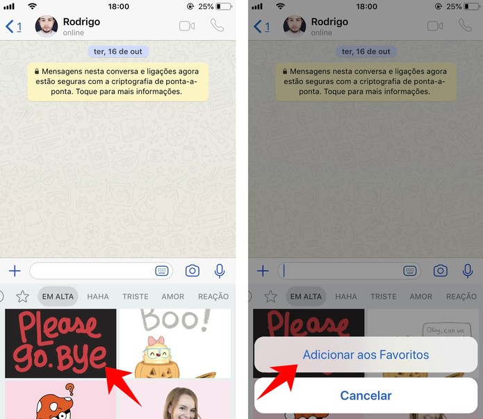 Marcando um GIF como favorito no WhatsApp (Foto: Reprodução/Rodrigo Fernandes) Marcando um GIF como favorito no WhatsApp (Foto: Reprodução/Rodrigo Fernandes)