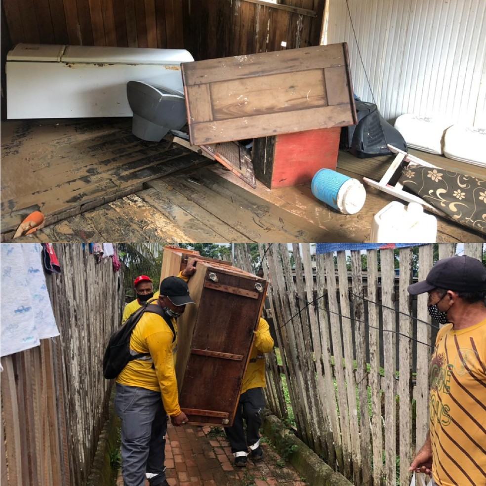 Equipes da prefeitura e Corpo de Bombeiros ajudaram a retirar os pertences dos idosos  — Foto: Asscom/Corpo de Bombeiros do Acre