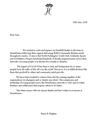Carta do príncipe Harry e de Meghan Markle a insituição de caridade britânica (Foto: Twitter)