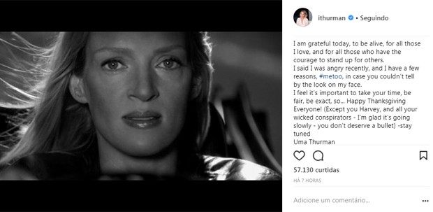 Uma Thurman solta o verbo ao falar de Harvey Weinstein (Foto: Reprodução/Instagram)