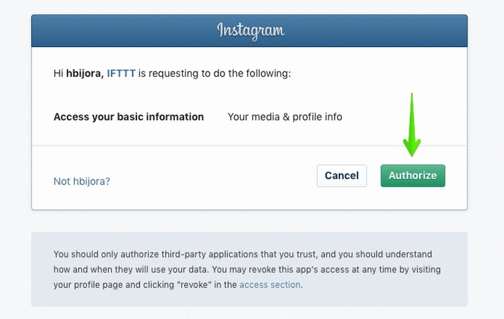 Permita que o IFTTT acesse o seu Instagram (Foto: Reprodução/Helito Bijora)