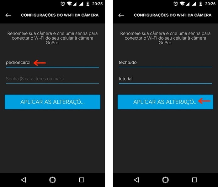 Mudança do nome e senha da rede Wi-Fi da GoPro via aplicativo (Foto: Reprodução/Raquel Freire) Mudança do nome e senha da rede Wi-Fi da GoPro via aplicativo (Foto: Reprodução/Raquel Freire)