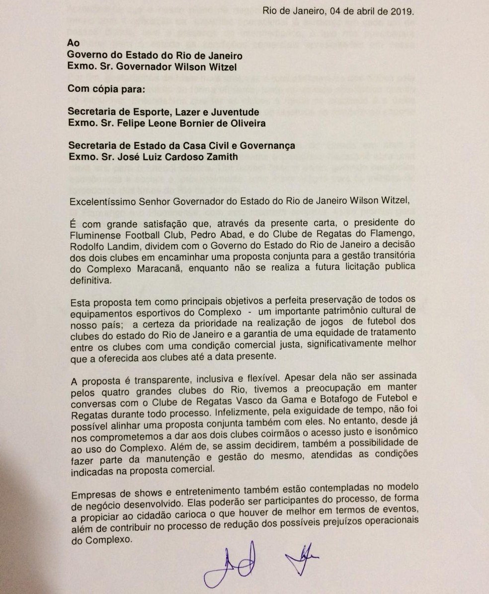 Carta que Flamengo e Fluminense apresentaram ao governo — Foto: Reprodução