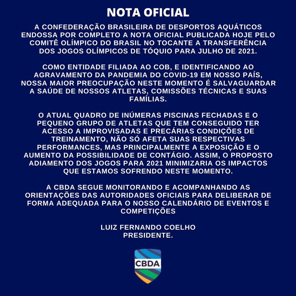 Nota Oficial CBDA pedindo adiamento das Olimpíadas de Tóquio — Foto: Divulgação CBDA