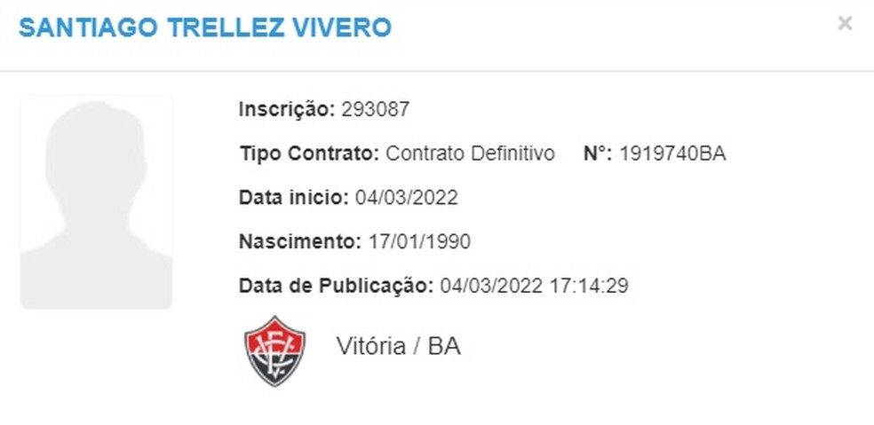 Tréllez é registrado pelo Vitória no BID — Foto: Reprodução