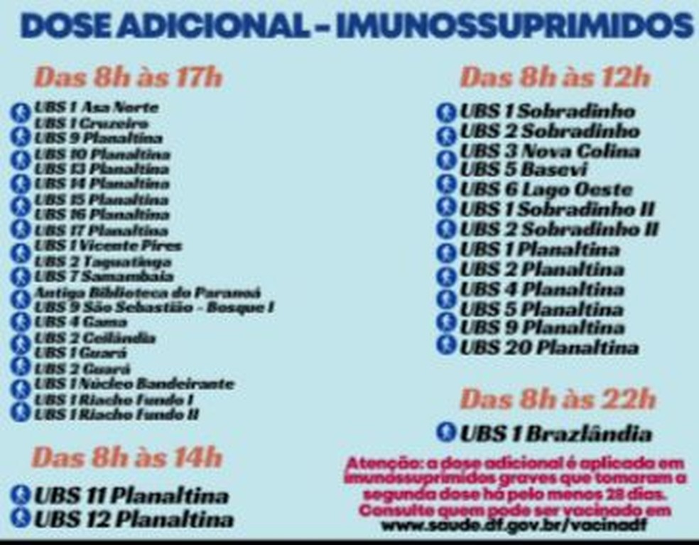 Postos de vacinação para imunossuprimidos graves nesta quarta-feira (13) — Foto: SES-DF/Divulgação