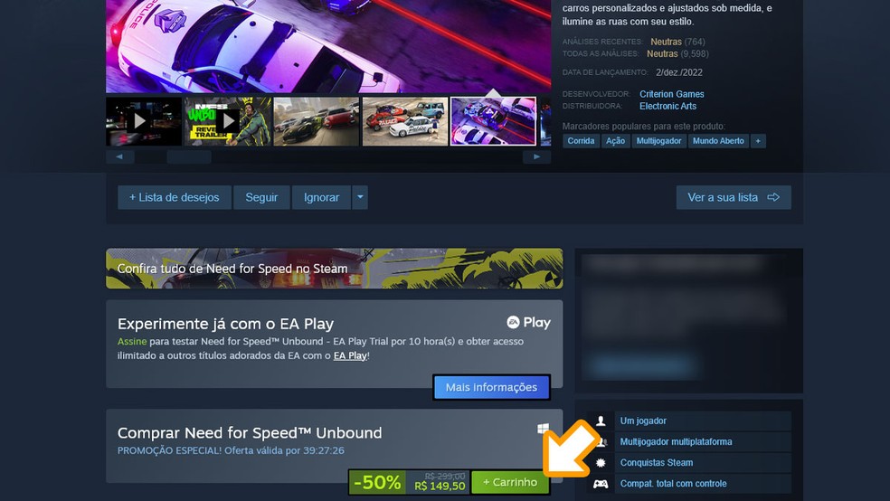 Na página de Need for Speed Unbound no Steam clique em "+ Carrinho" para finalizar sua compra e poder fazer download do game — Foto: Reprodução/Rafael Monteiro