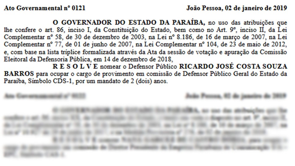Ato governamental definiu Ricardo Barros como defensor público geral da Paraíba  — Foto: Reprodução/Diário Oficial do Estado da Paraíba