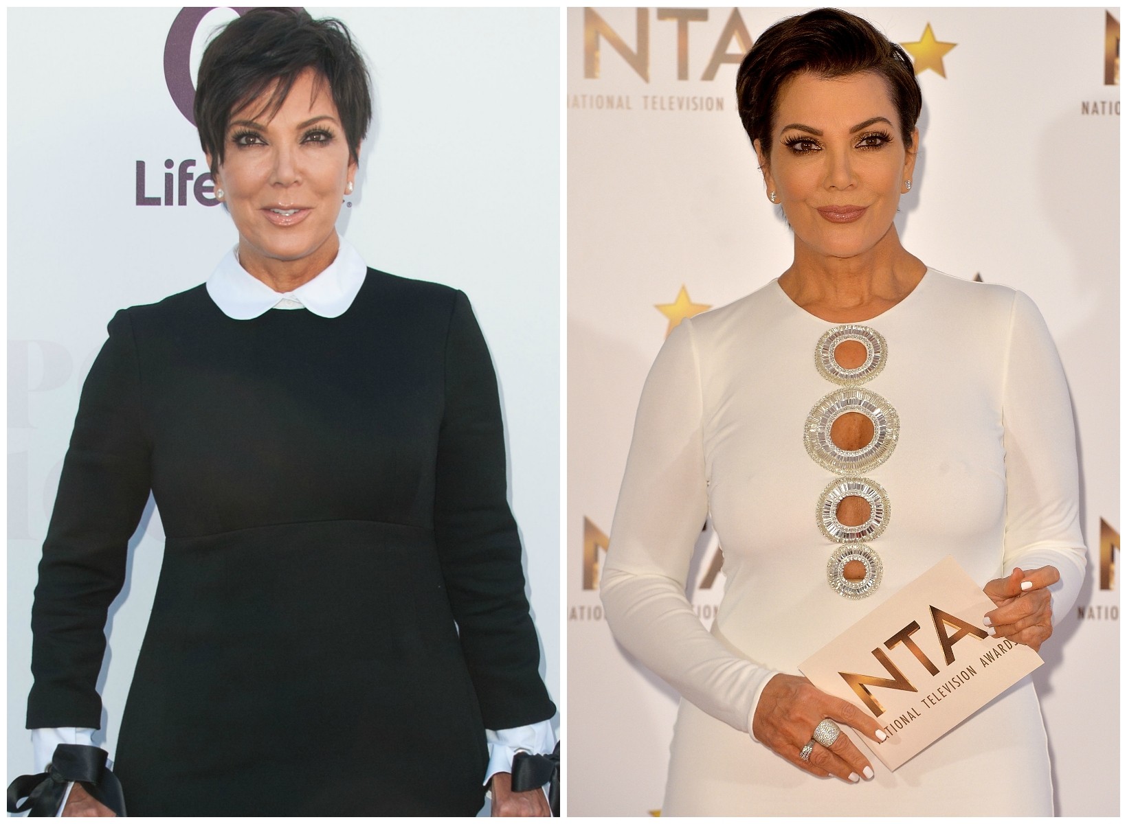 Kris Jenner em 10 de dezembro de 2014 (à esq.) e 42 dias depois, em 21 de janeiro de 2015. (Foto: Getty Images)