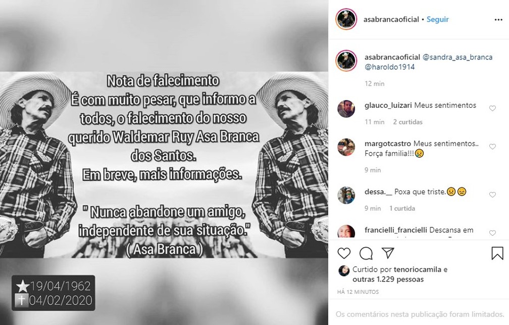 Post oficial sobre a morte de Asa Branca no Instagram — Foto: Reprodução/Rede Social