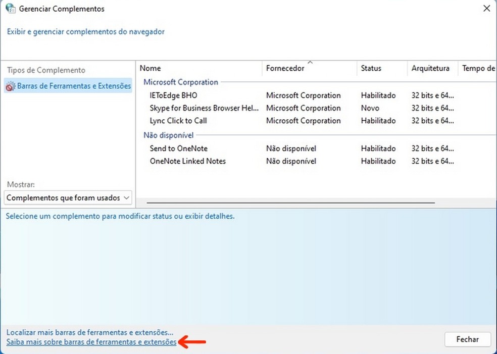 Link da janela "Gerenciar complementos" no Windows 11 — Foto: Reprodução/Raquel Freire