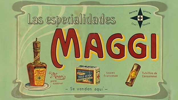 Propaganda antiga da Maggi em espanhol: no início do século 20, a empresa já vendia seu cubo de condimentos (Foto: Maggi via BBC News Brasil)