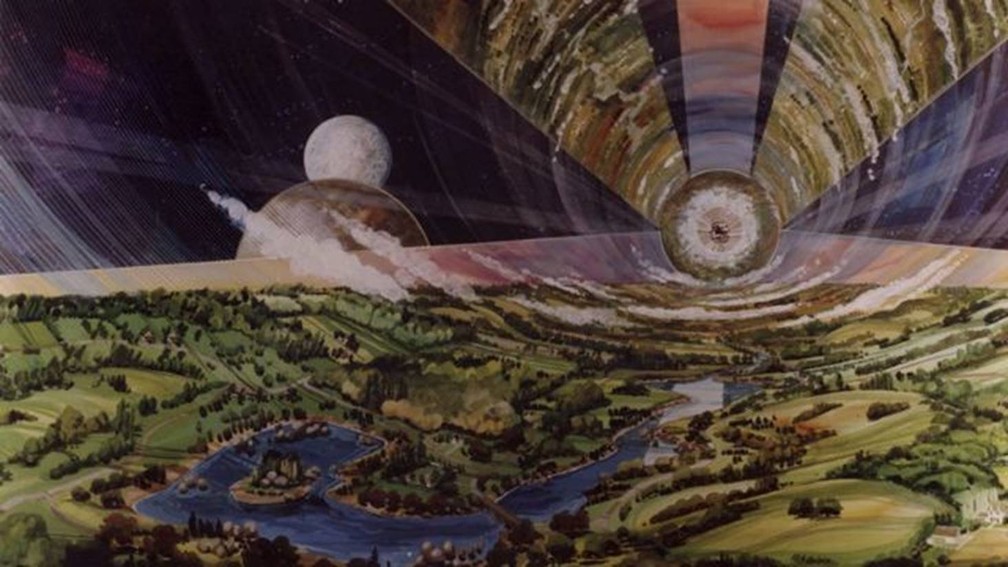 A visão de Gerard O'Neill de como seria uma colônia espacial — Foto: NASA AMES RESEARCH CENTER via BBC