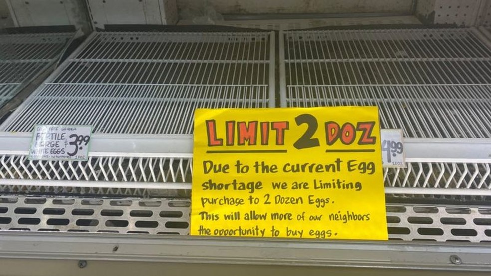 Prateleiras de ovos vazias e limite de compras por pessoa nos supermercados se tornaram comuns neste início de ano na Califórnia — Foto: Arquivo pessoal/ Paula Ramón