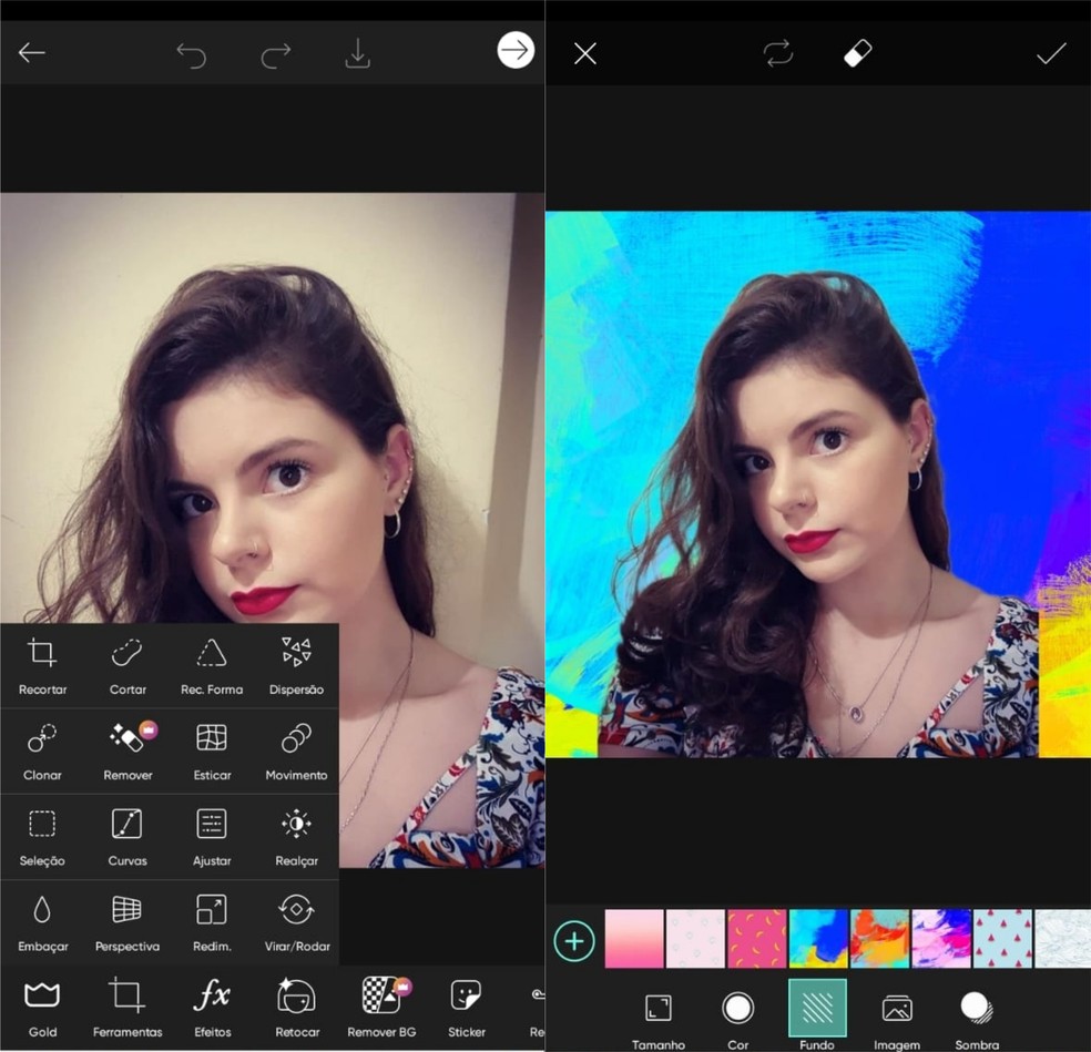 O PicsArt permite modificar o fundo das fotos — Foto: Reprodução/Clara Fabro