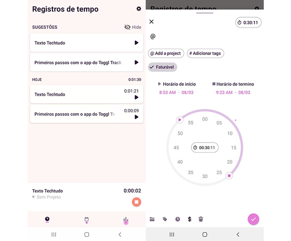 Monitore o tempo gasto para realizar tarefas com o app Toggl Track — Foto: Reprodução/Marcela Franco