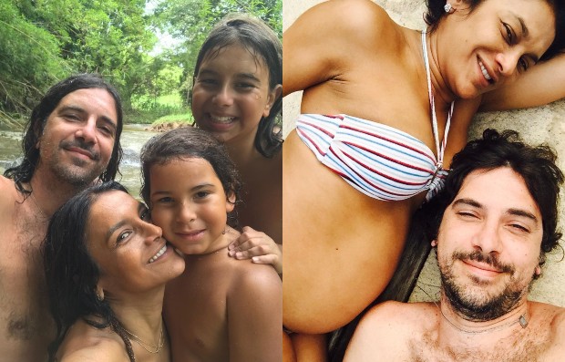 À esquerda, Dira Paes posa com marido e filhos; à esquerda, a atriz aparece grávida ao lado do companheiro (Foto: Reprodução/Instagram)