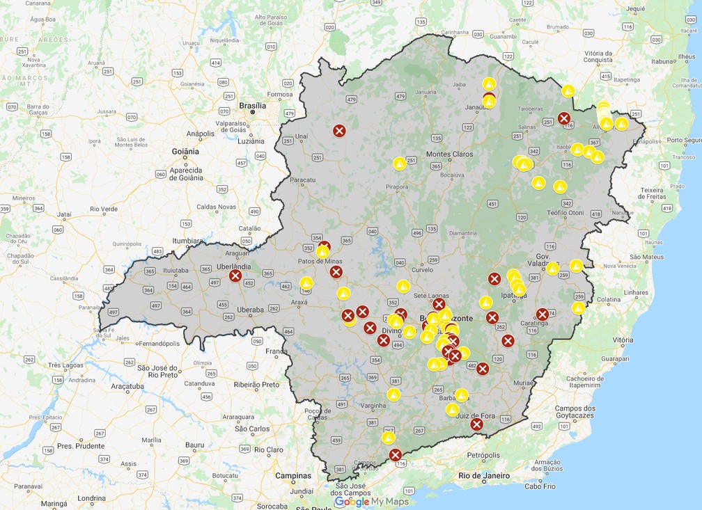Mapa com pontos de interdição nas rodovias que cortam em Minas Gerais — Foto: Polícia Militar Rodoviária/ Reprodução